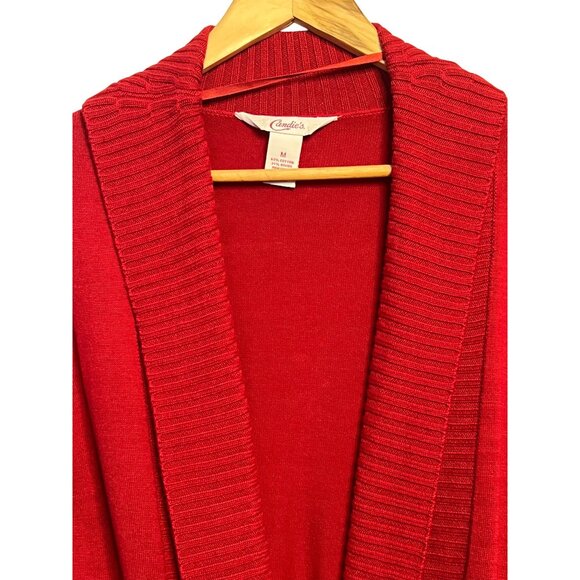 Candies Women Red Shaw Cable Tight Knit Neck Cardigan Buckle M Long Cotton Blend - Picture 3 of 14